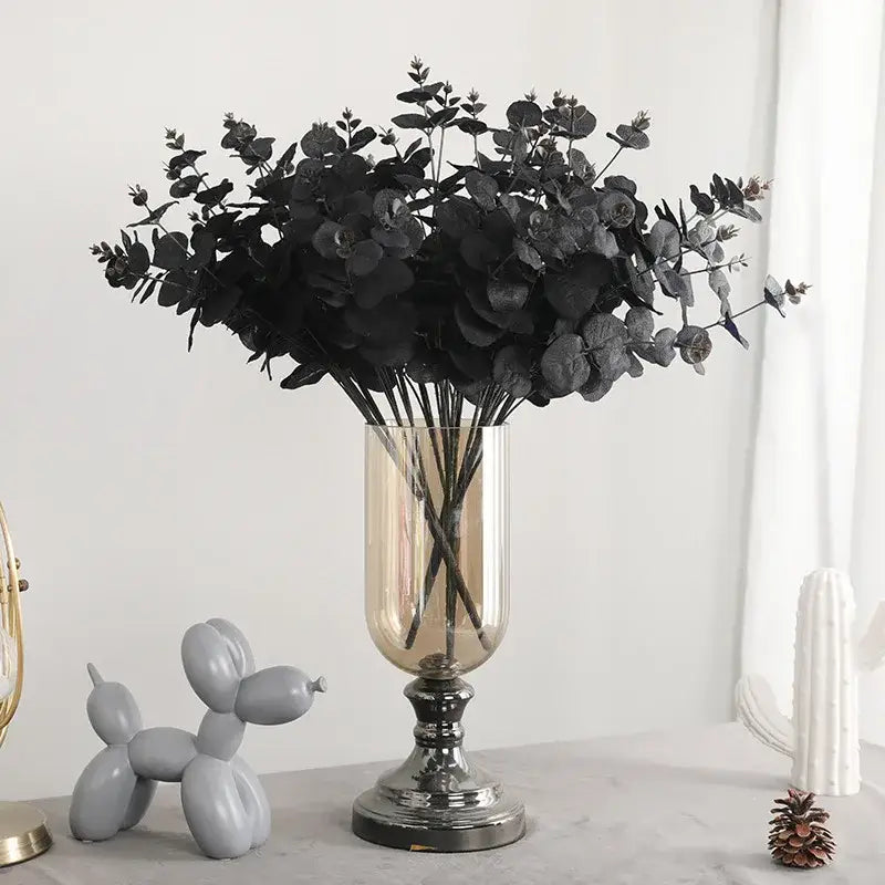 Modern pink eucalyptus flower arrangement living room glass vase