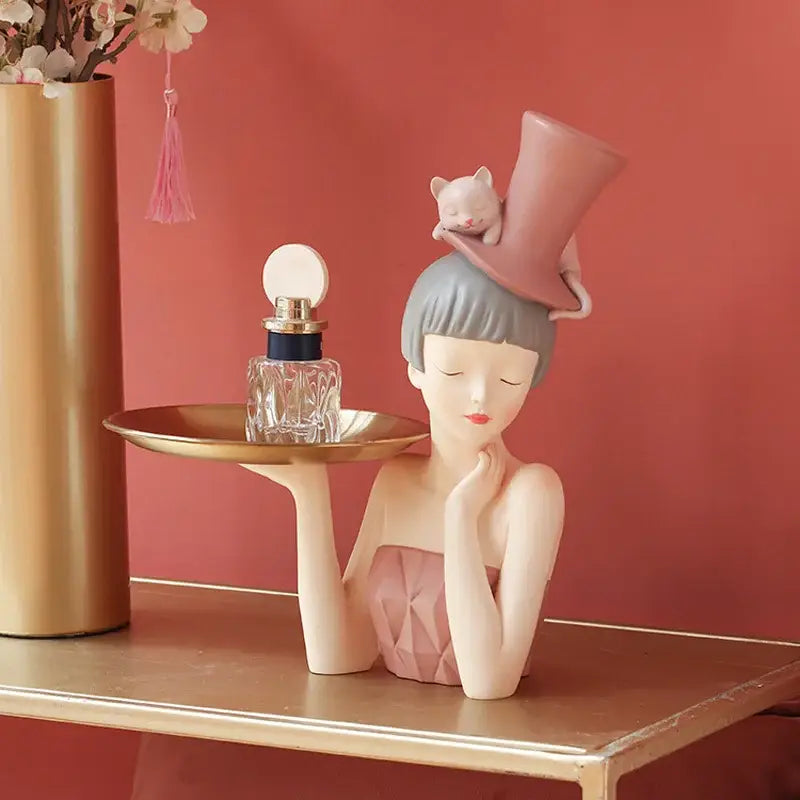 Modern pink & gray woman sculpture tray living room home decor