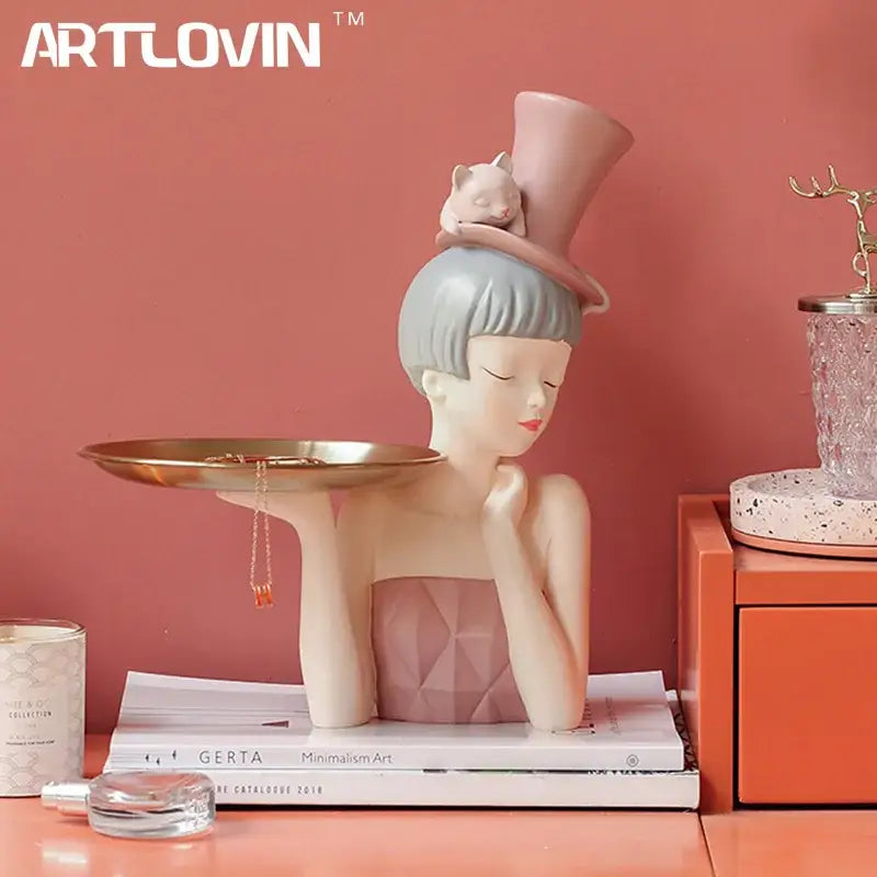 Modern pink & gray woman sculpture tray living room home decor