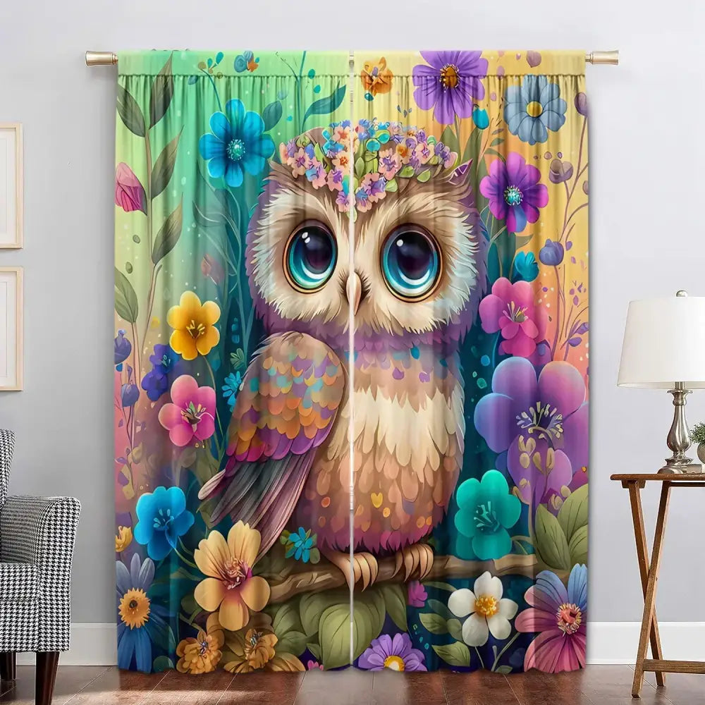 Modern printed colorful owl bedroom curtain set