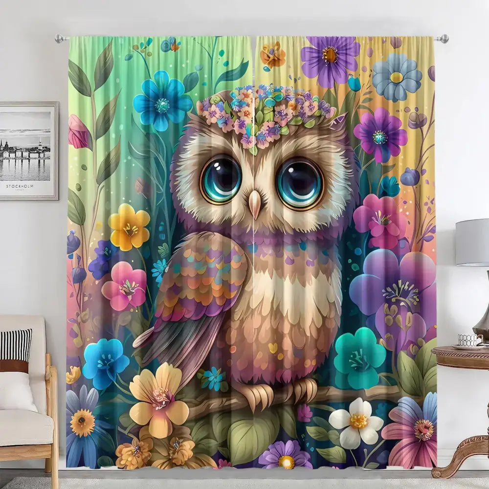 Modern printed colorful owl bedroom curtain set