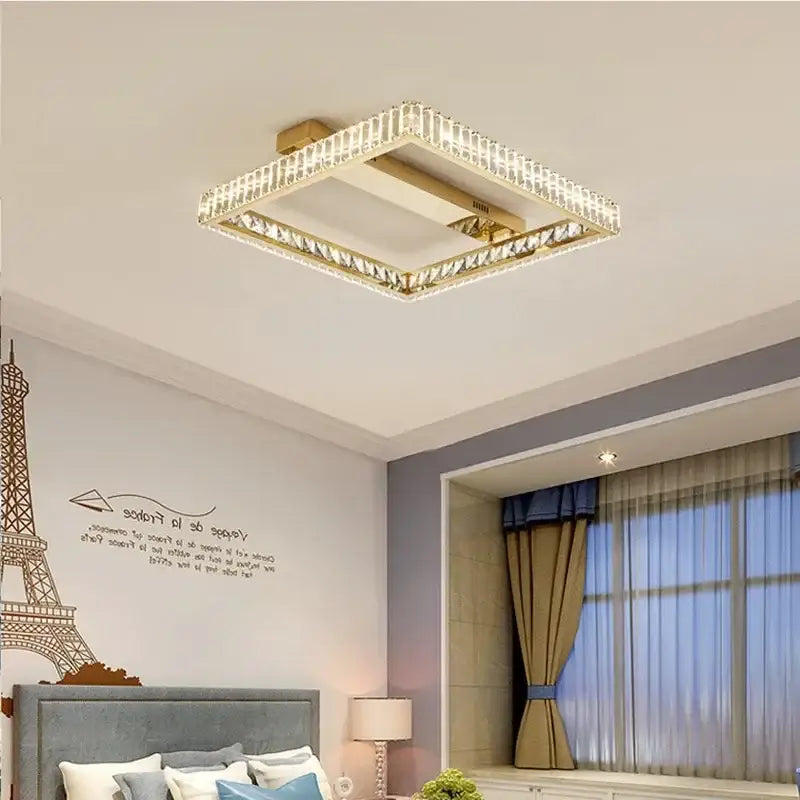 Modern rectangular gold crystal led ceiling lighting fixture bedroom