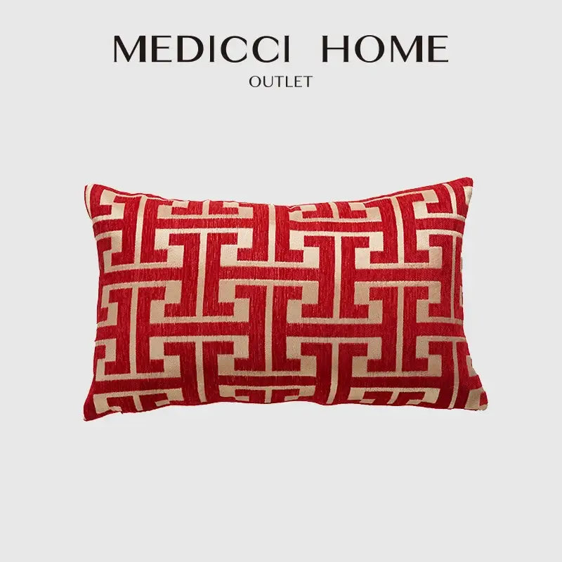 Modern red & cream geometric chenille lumbar pillowcase living room