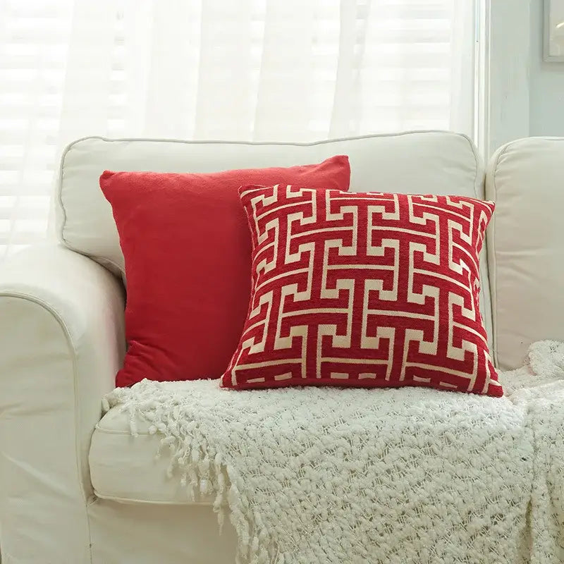 Modern red & cream geometric chenille lumbar pillowcase living room