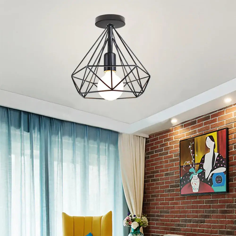 Modern retro black iron cage ceiling light for kitchen lighting