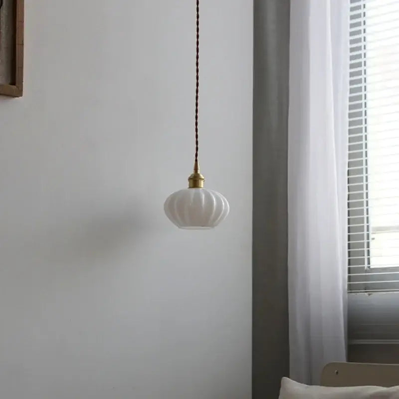 Modern ribbed copper white glass pendant lamp living room decor