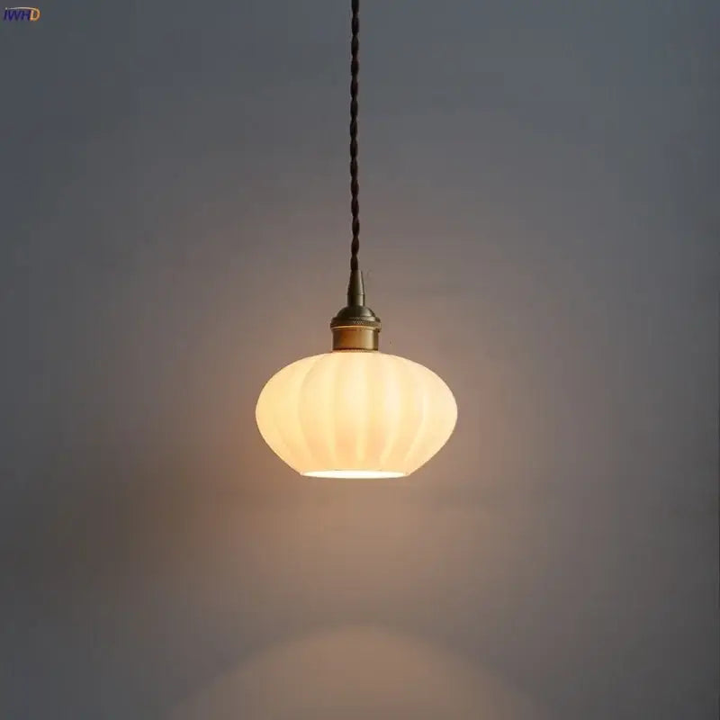 Modern ribbed copper white glass pendant lamp living room decor