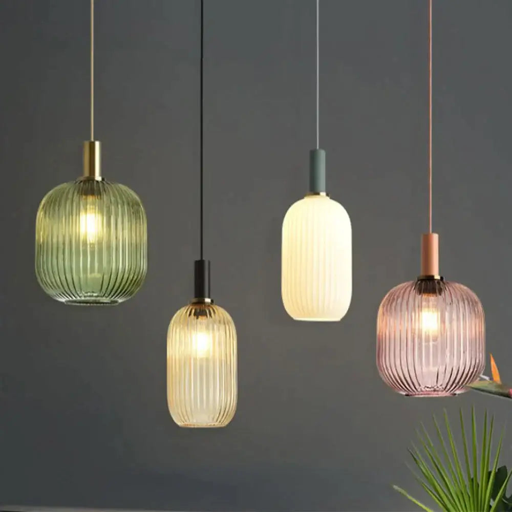 Modern ribbed glass colorful led pendants dining room light chandeliers