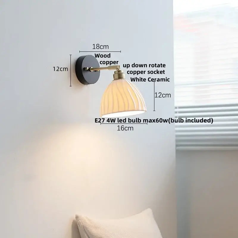 Modern ribbed glass copper led wall lamp bedroom with pull chain