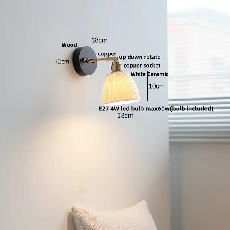 Modern ribbed glass copper led wall lamp bedroom with pull chain
