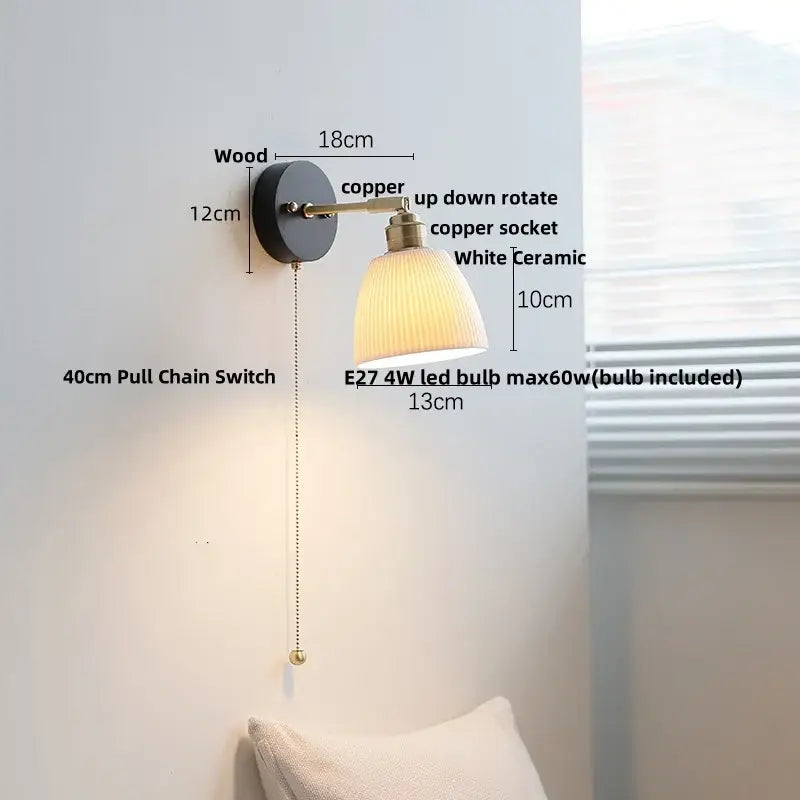 Modern ribbed glass copper led wall lamp bedroom with pull chain