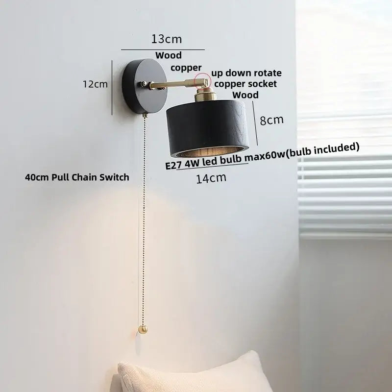 Modern ribbed glass copper led wall lamp bedroom with pull chain