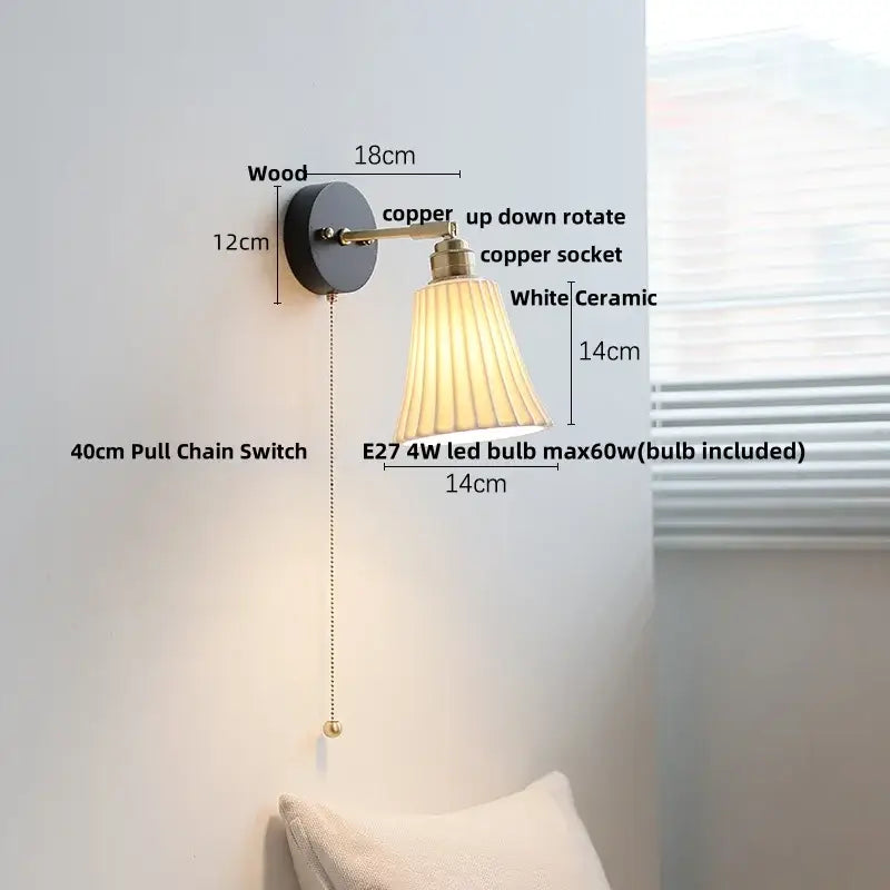 Modern ribbed glass copper led wall lamp bedroom with pull chain