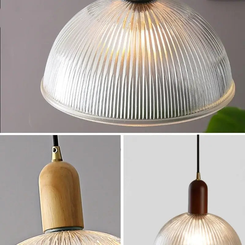 Modern ribbed glass led pendant light wood & brass kitchen chandelier