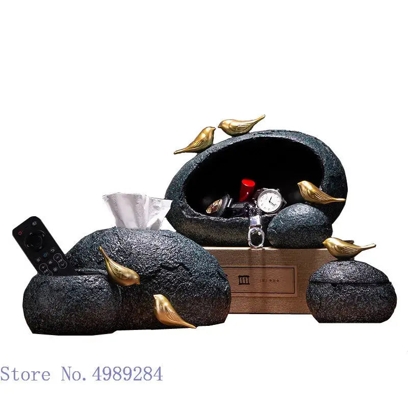 Modern rock textured black & gold bird tissue box living room decor
