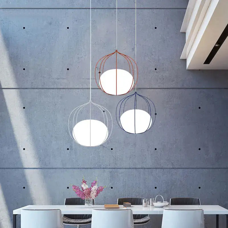 Modern silver & copper birdcage pendant light dining room fixture