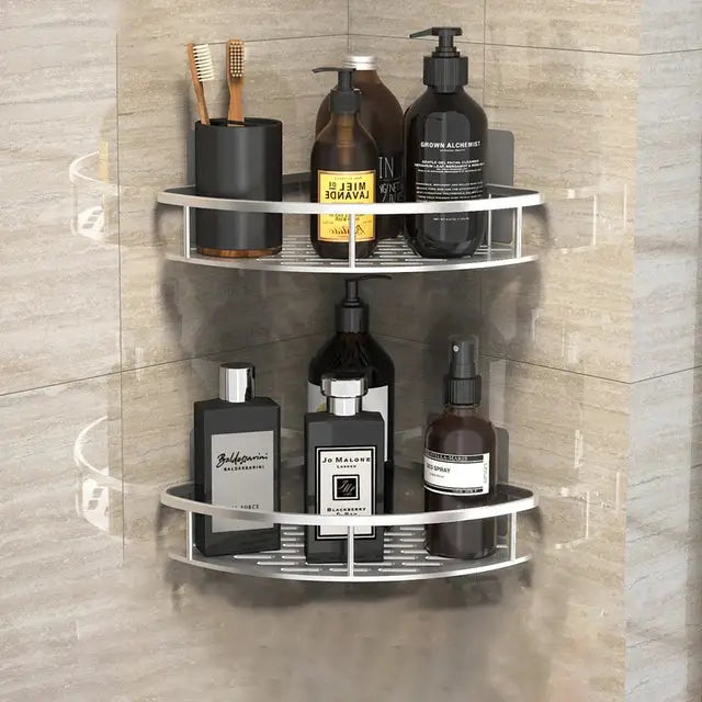 Modern silver double tiered corner shower shelf bathroom storage caddy