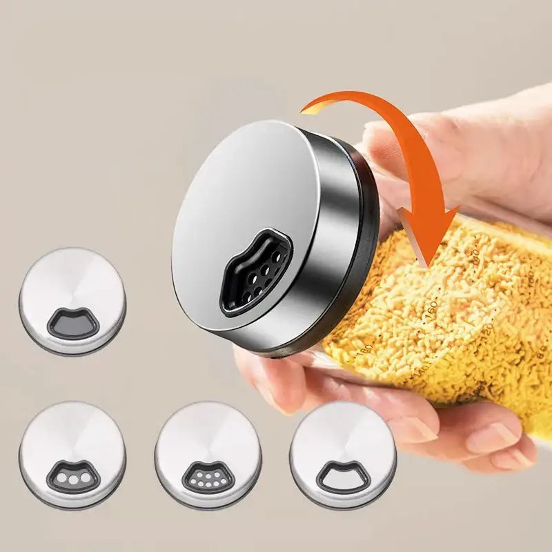 Modern silver glass seasoning jar set kitchen storage with measurements