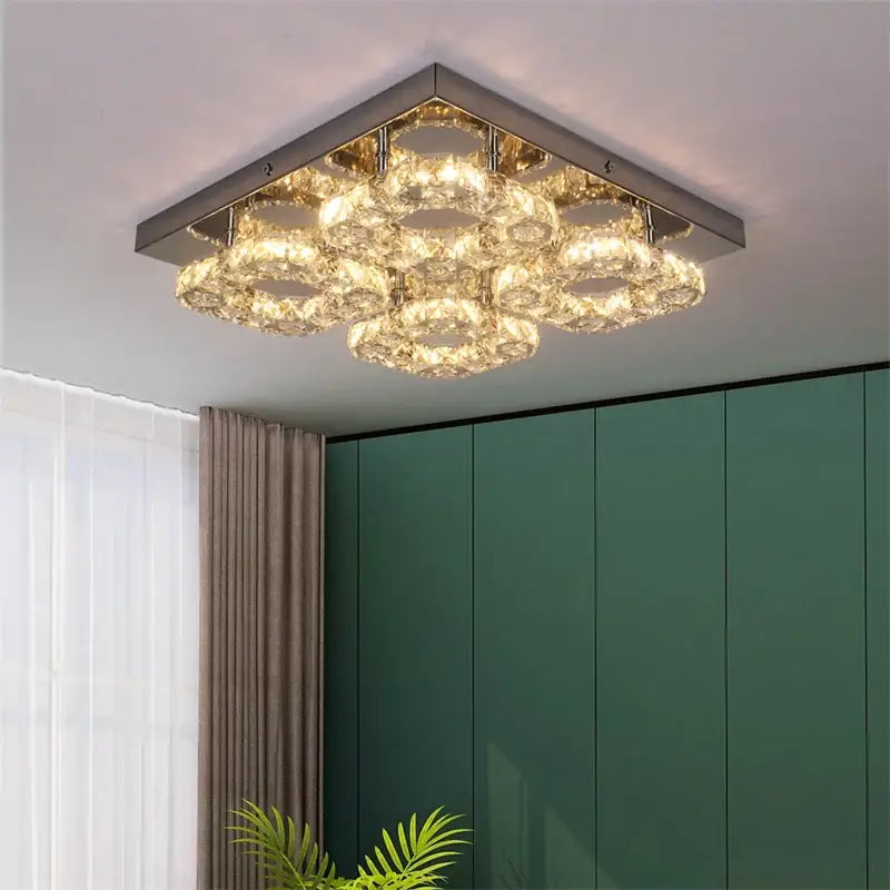 Modern square chrome crystal led ceiling light living room dimmable