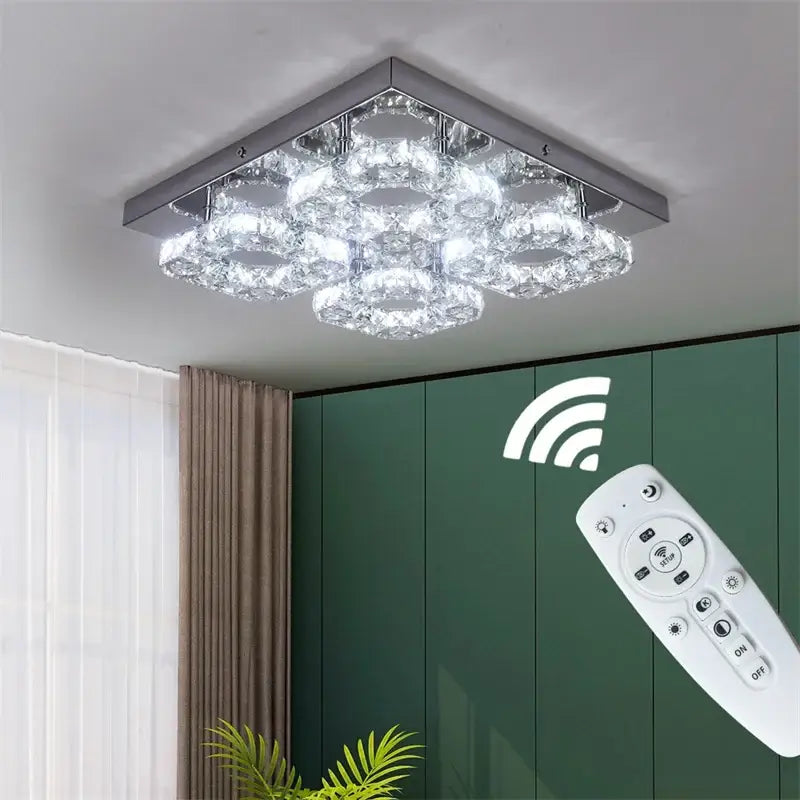 Modern square chrome crystal led ceiling light living room dimmable