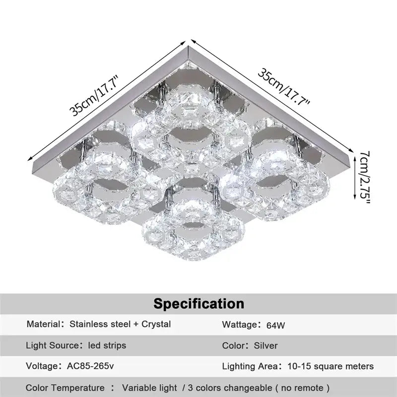 Modern square chrome crystal led ceiling light living room dimmable