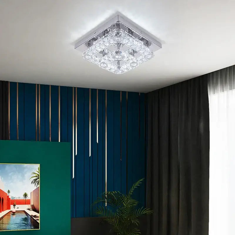 Modern square chrome crystal led ceiling light living room dimmable