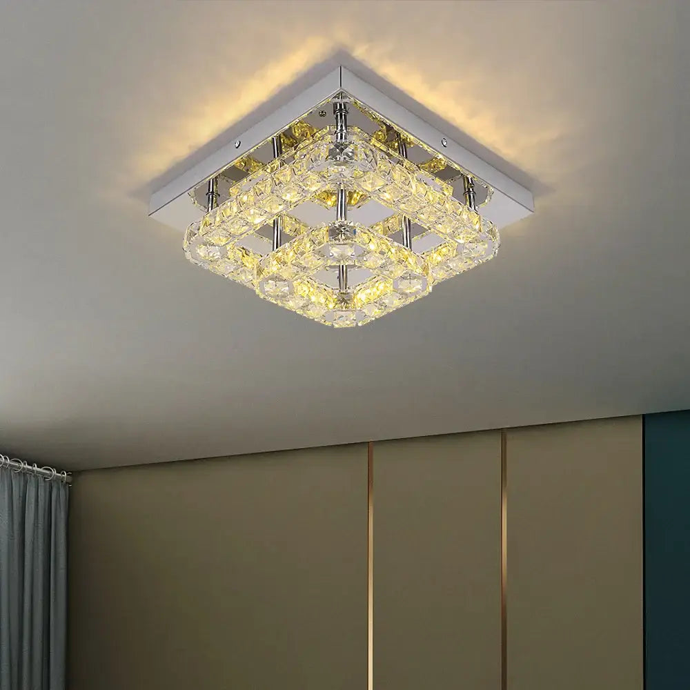 Modern square chrome crystal led ceiling light living room dimmable