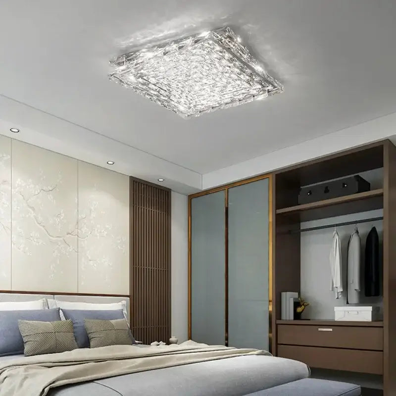 Modern square crystal led ceiling light bedroom silver & chrome