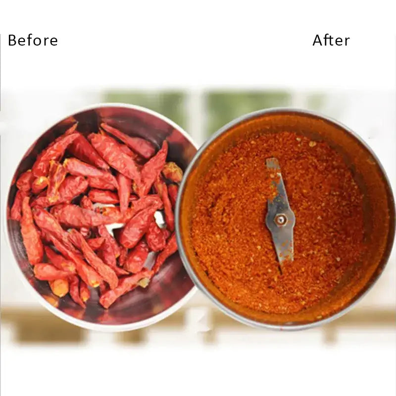 Modern stainless steel electric grinder for grinding grains in kitchen