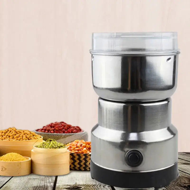 Modern stainless steel electric grinder for grinding grains in kitchen