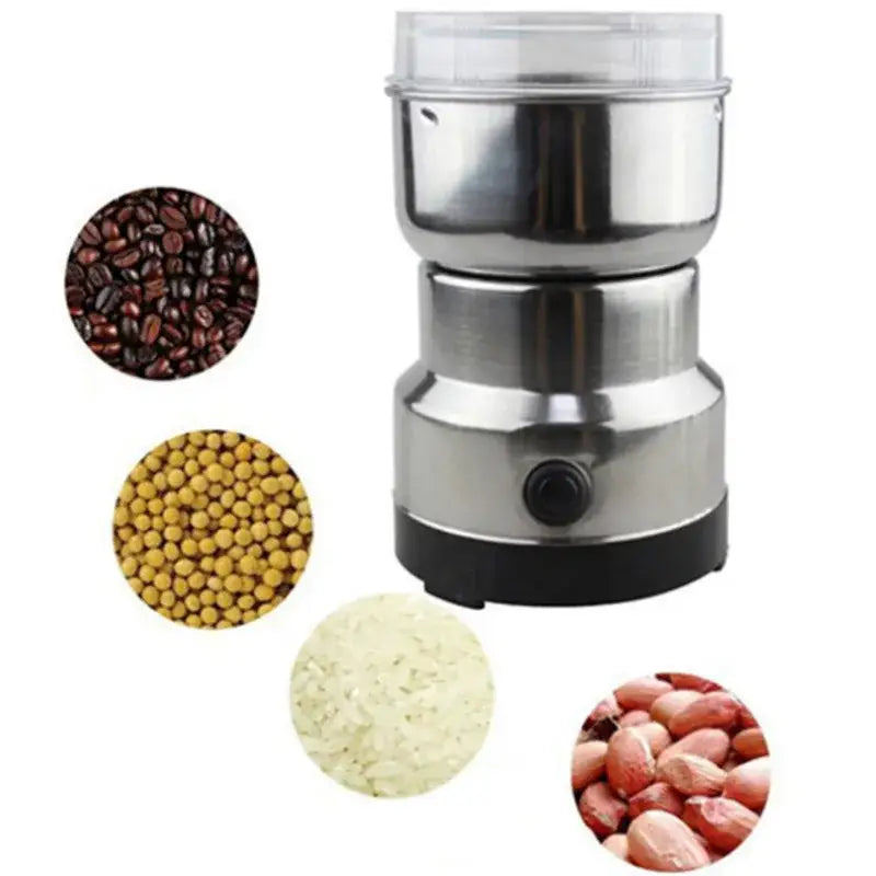 Modern stainless steel electric grinder for grinding grains in kitchen