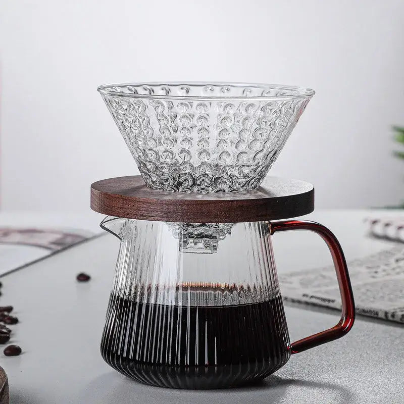 Modern striped glass coffee pot with amber handle kitchen carafe