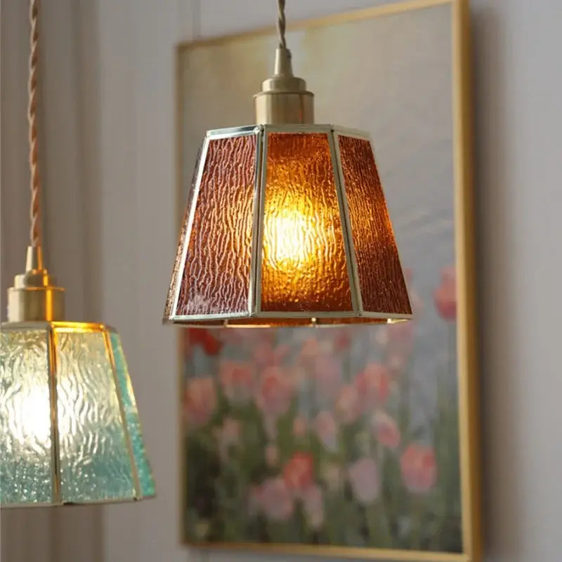 Modern teal & amber copper glass led pendant lamp dining room