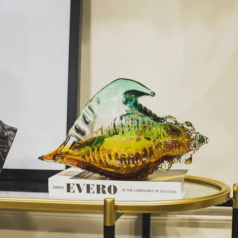 Modern teal & amber glass conch shell statue living room decor