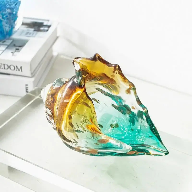 Modern teal & amber glass conch shell statue living room decor