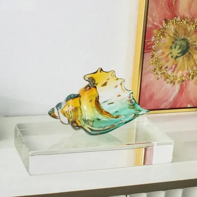 Modern teal & amber glass conch shell statue living room decor