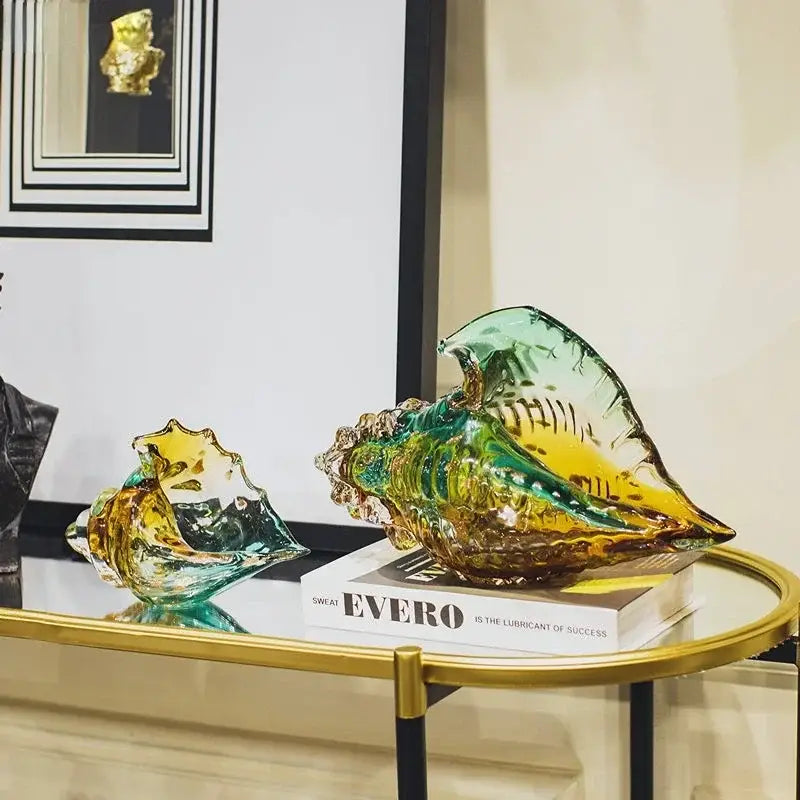 Modern teal & amber glass conch shell statue living room decor