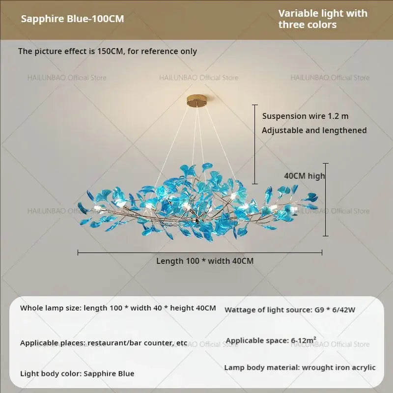 Modern teal glass gingko leaf chandelier dining room art decor
