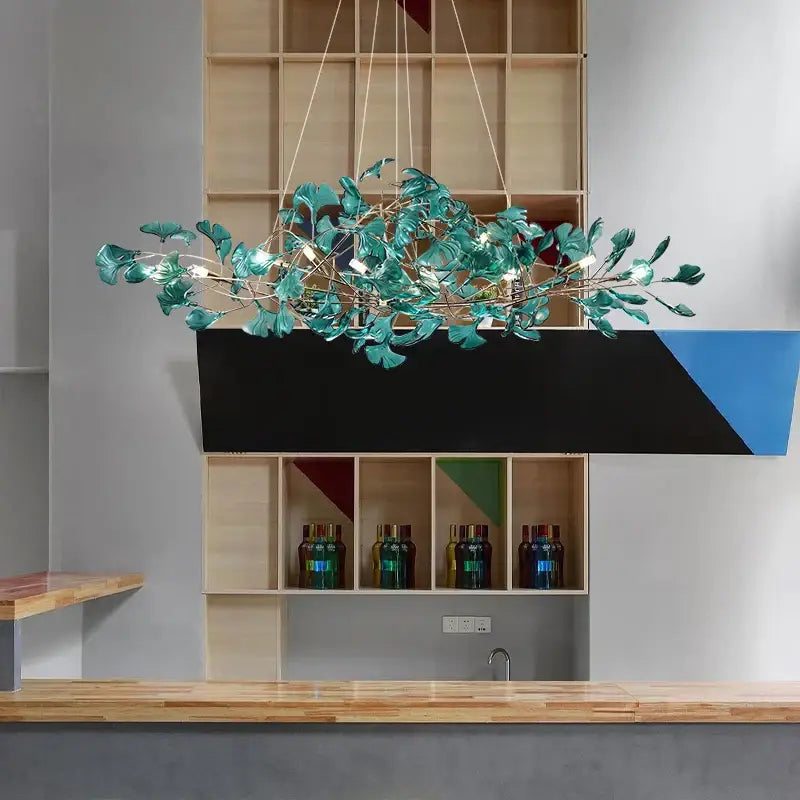 Modern teal glass gingko leaf chandelier dining room art decor