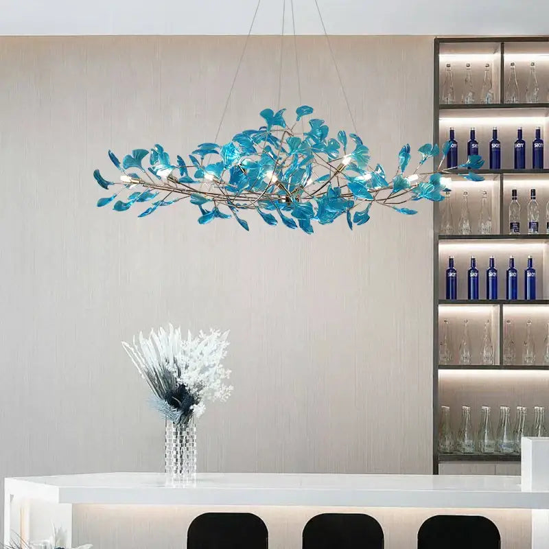Modern teal glass gingko leaf chandelier dining room art decor