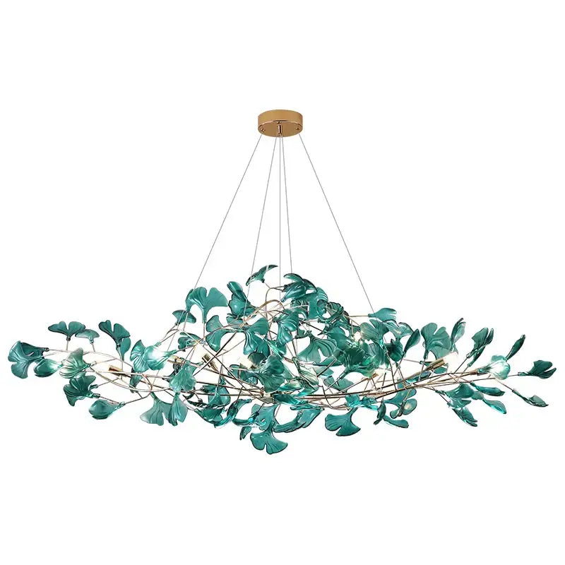 Modern teal glass gingko leaf chandelier dining room art decor