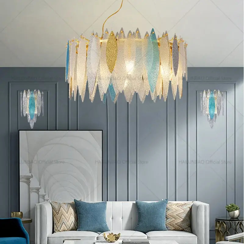 Modern teal & gold glass leaf chandelier light for living room