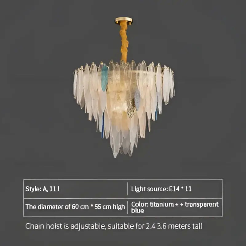 Modern teal & gold glass leaf chandelier light for living room