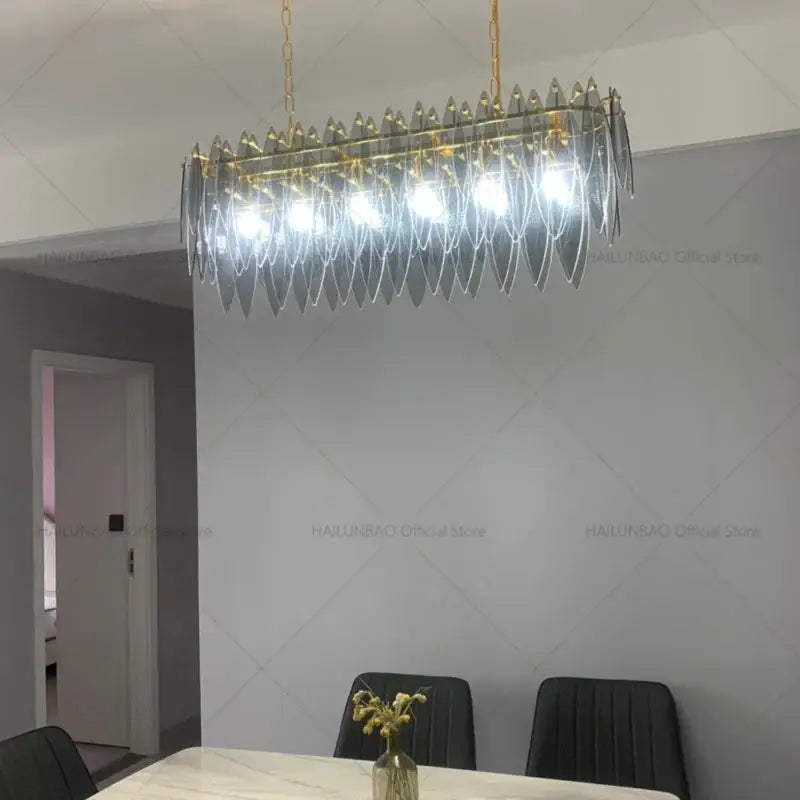 Modern teal & gold glass leaf chandelier light for living room