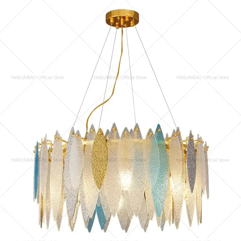 Modern teal & gold glass leaf chandelier light for living room