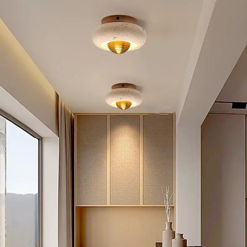 Modern travertine and walnut led ceiling lamp bedroom light
