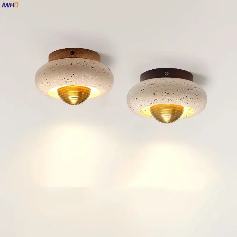 Modern travertine and walnut led ceiling lamp bedroom light
