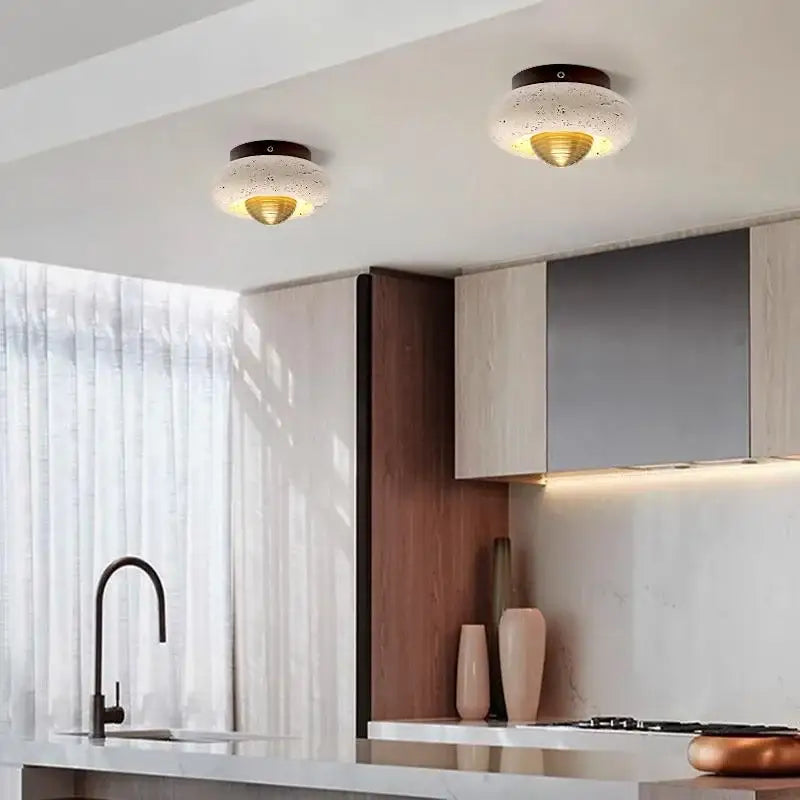 Modern travertine and walnut led ceiling lamp living room light