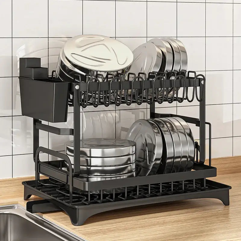 Modern two tier black metal dish drainer rack kitchen organizer