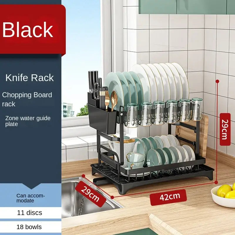 Modern two tier black metal dish drainer rack kitchen organizer